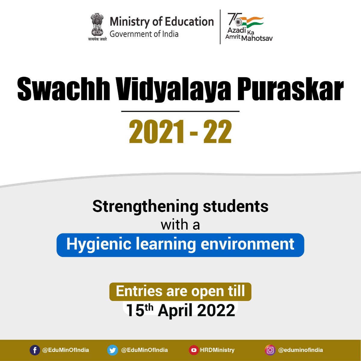 EduMinOfIndia's tweet photo. Today is the last day to register for Swachh Vidyalaya Puraskar 2021-22. If your school is inculcating healthy habits in students &amp; maintaining hygienic practices, it can participate &amp; win. Register now: https://t.co/rUrM5PKmXp https://t.co/Y8yNEvUkog