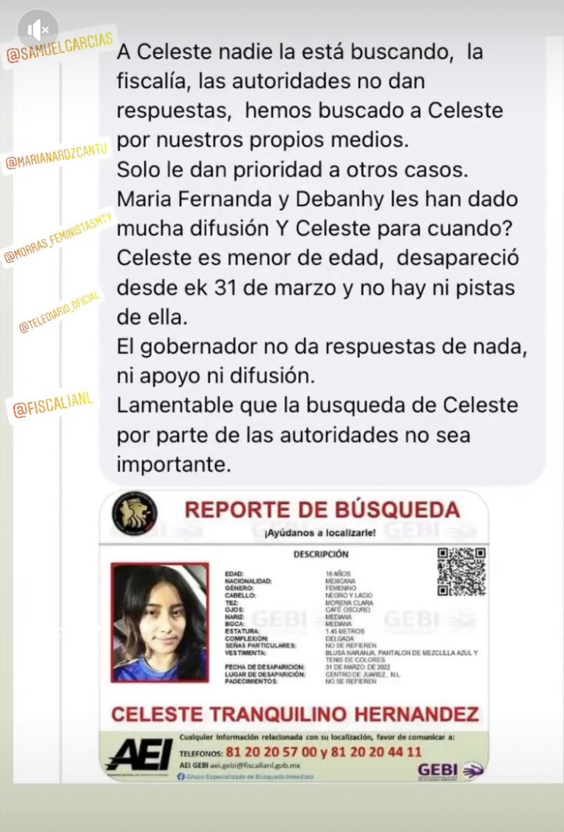 ccregios_'s tweet photo. No sólo es  #Debanhi, también #Celeste desapareció, desde el 31 de MARZO. Una menor de 16 años, y la familia no tiene rastro, y las autoridades no les han dado respuestas y prioridad. Esto también debe de ser viral, todos estos casos deben de tener prioridad. https://t.co/ivffpdlVDj