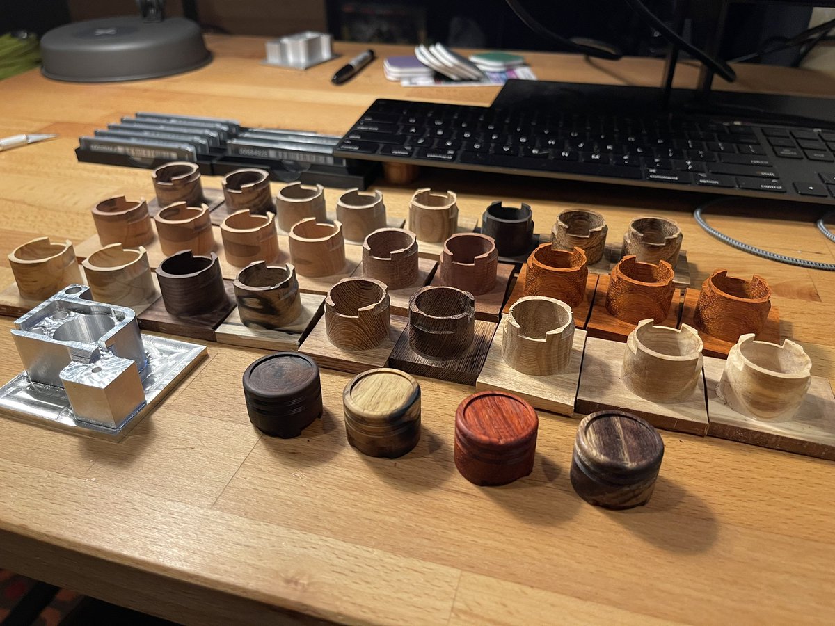 tmhough018's tweet image. Aluminum frame after first setup, over a dozen diff types of wood after first setup. and 4 finished covers... finally getting the process down #bantamtools #desktopcnc #cnc