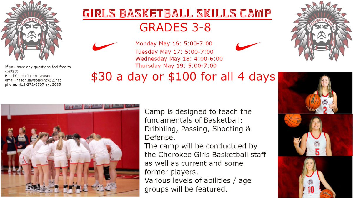 Click on the link below to register for the Lady Chiefs Skills Camp:

forms.gle/Mhehn8LUFZceLq…

Camp details can be found in the flyer below: