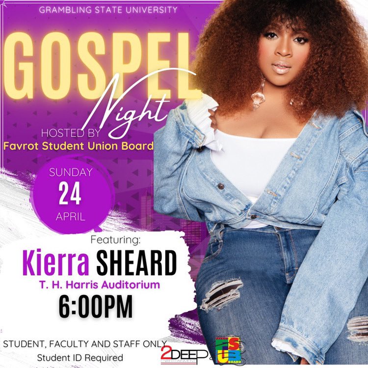 WhatsUpwithFSUB's tweet photo. #GRAMFAM Join us for a Night of Praise on Sunday, April 24, 2022, in the T.H. Harris Auditorium featuring one of the biggest voices in Gospel history, Kierra Sheard! Doors open at 5:00 pm. We hope to see you there. #studentsonly #MUSThavestudentID https://t.co/KE9salZdek