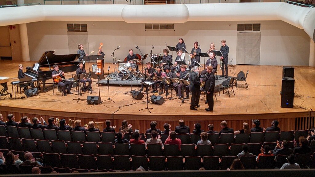 HooverHighBand's tweet photo. Great day at the Univeristy of Alabama! All three jazz bands enjoyed a day of clinics and jam sessions culminating with a performance in Moody Music Building as the opener for the University of Alabama Jazz Ensemble! https://t.co/LIE67xyRYN