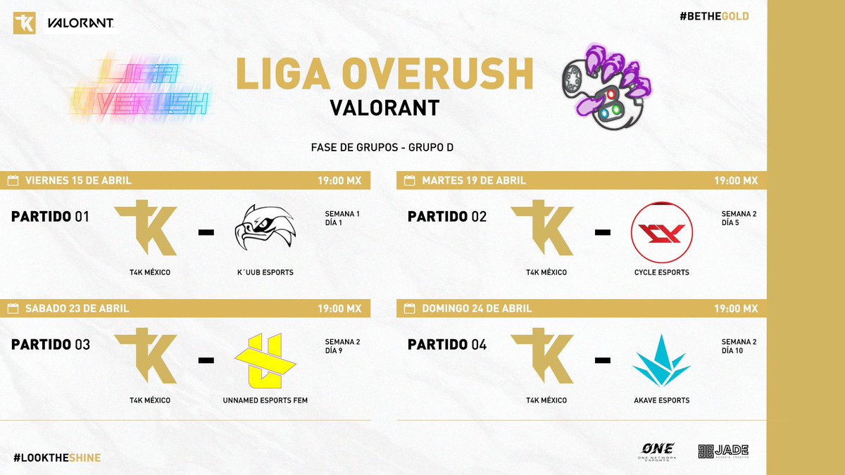 T4KEsports's tweet photo. Este es nuestro calendario de evento para la @LRSValorant.🤩 Esperamos vengan a apoyarnos y vernos darlo todo.💪🔥 #GOT4K #BETHEGOLD #LOOKTHESHINE https://t.co/Ux7nENhnKa