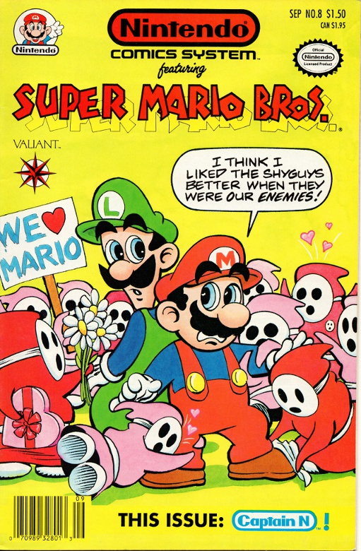 DailyMarioArt's tweet photo. Cover art from an issue of the Nintendo Comics System titled Minor Defects, featuring Mario and Luigi surrounded by loving Shy Guys. #ShyGuy #CharacterOfTheWeek https://t.co/ZxABoVEqlN