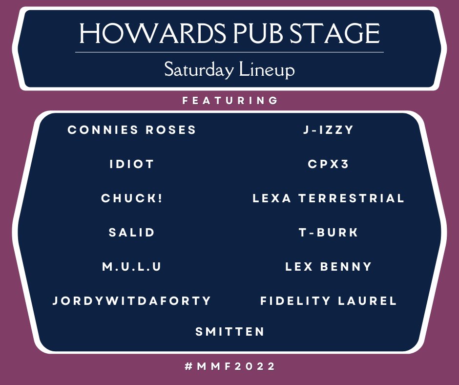 Here is the lineup for Howards Pub, we're very grateful to have them hosting this year!  #MMF2022
