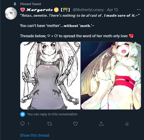 AkaneKogane's tweet photo. (Okay - it's ready! The poll winner was the monster girl milf, and the account's now all set up (ignore the construction sign)!

(If you want a direct link or can't see the @ in the image, it's @MotherlyLunacy ; hope to see y'all there, and make sure to reciprocate her love 💕) https://t.co/zRaPQv6Rf1