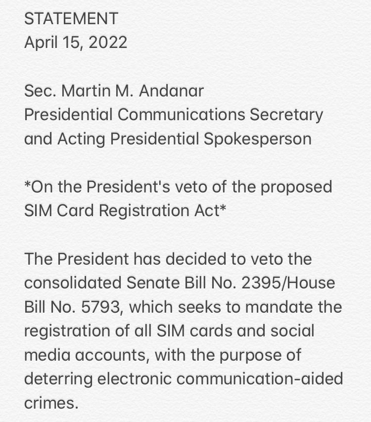inquirerdotnet's tweet image. JUST IN: President Duterte vetoes proposed SIM Card Registration Act. | @NCorralesINQ