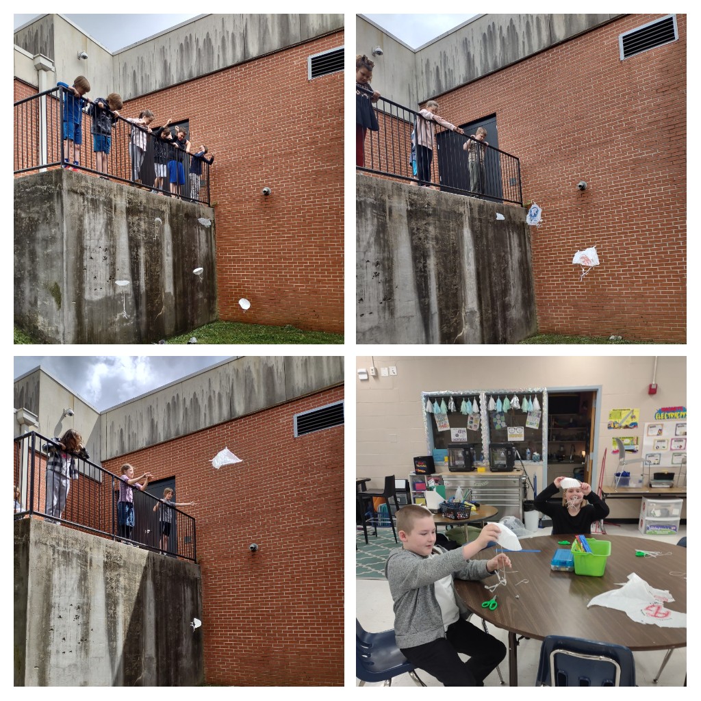 DesTeam's tweet photo. Our 3rd graders learned all about the science behind a parachute last week. They had several different materials to choose from to make a parachute that would help get their pipe cleaner person to the ground safely! They had so much fun testing their parachutes!🪂 https://t.co/MkX4My8LQs