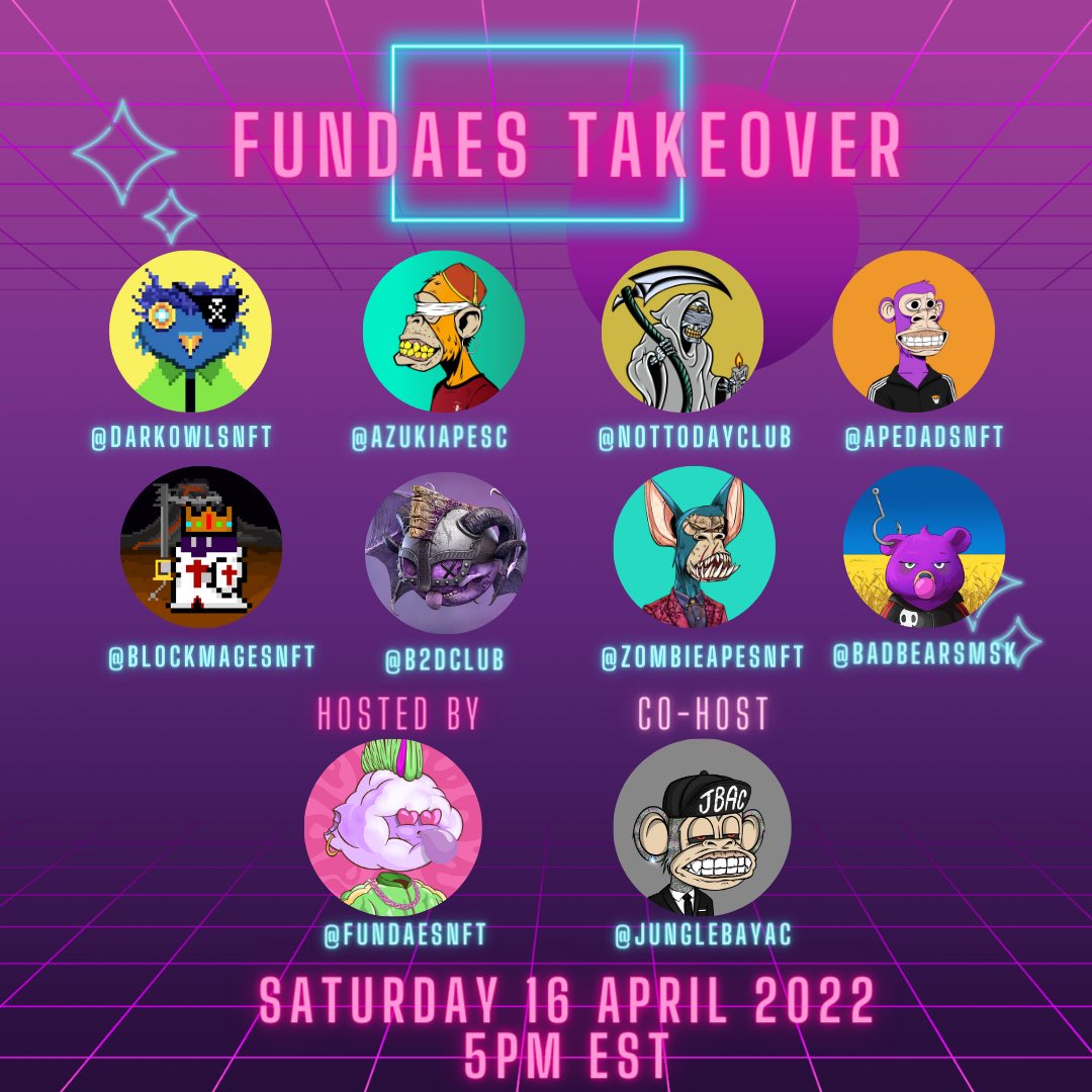 JungleBayAC's tweet photo. πSet your reminders @ Saturday 5PM EST π
We will be co hosting #FUNKTO #space vol.3 with our partner and host @Fundaesnft
Join us with:
@AzukiApeSC @DarkowlsNFT @NotTodayClub @ApeDadsNFT @BlockMagesNFT @B2DClub @ZombieApesNFT @badbearsmsk https://t.co/5zmpLocagy