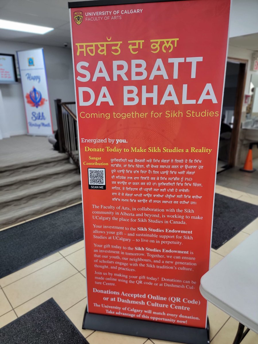 DashmeshC's tweet photo. We are pleased to be collecting donations again this year for @sikhstudiesyyc at UofC. Until April 21st at midnight all donations up to and including $2500 will be matched by the U of C and go towards Sikh Studies. If you would like to donate please visit us in main lobby. #sikhi https://t.co/hmu5kPhRRj