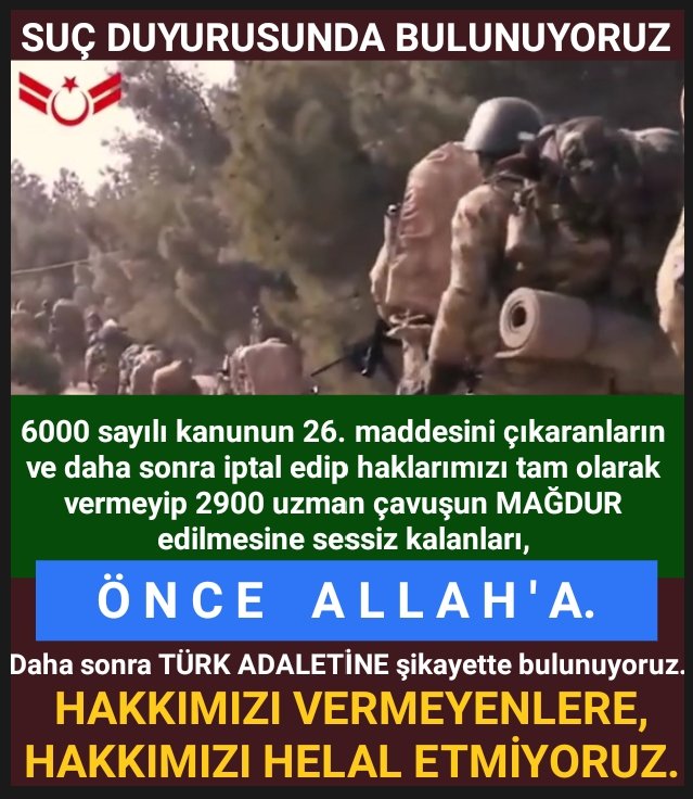 #KahramanUzmanÇavuşlar
🇹🇷 2900 ASKERİNİZ MAĞDUR.🇹🇷
"Yanlış çıkarılan 6000 sayılı kanun"
🇹🇷 6 yıl Eksik maaş almamıza.
🇹🇷 Kademe derece'mizin eksik olmasına.
🇹🇷 Haksız'lığa adalet'sizliğe sebep oldu.
🇹🇷 3600 ek gösterge uzman çavuşlara da verilsin.
🇹🇷 HAK KAYIPLARIMIZI İSTİYORUZ.