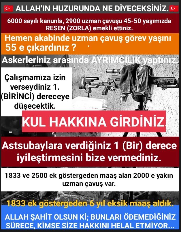 #KahramanUzmanÇavuşlar
🇹🇷 2900 ASKERİNİZ MAĞDUR.🇹🇷
"Yanlış çıkarılan 6000 sayılı kanun"
🇹🇷 6 yıl Eksik maaş almamıza.
🇹🇷 Kademe derece'mizin eksik olmasına.
🇹🇷 Haksız'lığa adalet'sizliğe sebep oldu.
🇹🇷 3600 ek gösterge uzman çavuşlara da verilsin.
🇹🇷 HAK KAYIPLARIMIZI İSTİYORUZ.