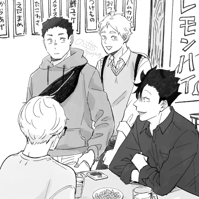 @tw_i2 あまりにも想像がつきすぎて昨日の夜に4人の出会いを衝動描きしてしまいましたwご査収ください_(._.)_
(萌え袖きゅんきゅんありがとうございます🥰🥰) 