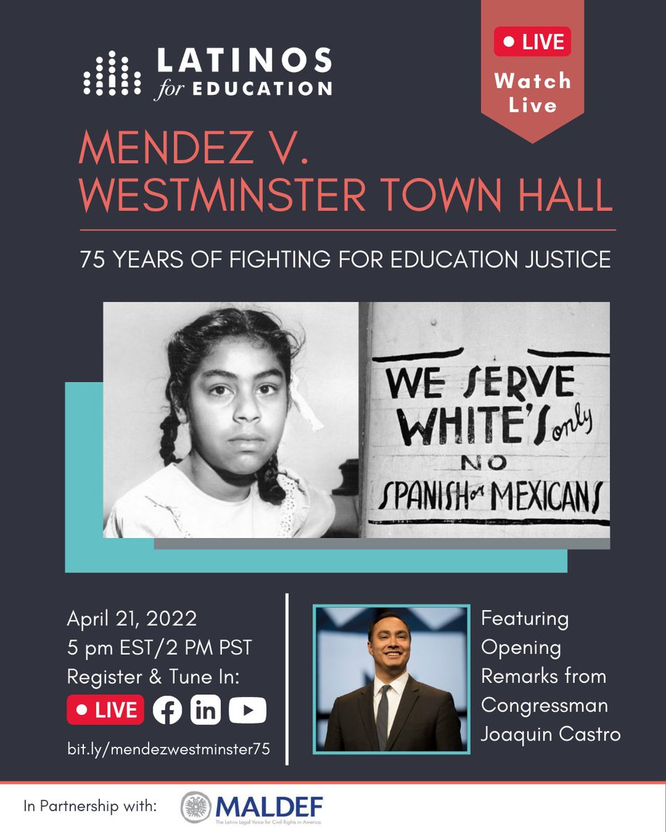 Latinos4Ed's tweet photo. We are excited to announce that @JoaquinCastrotx will join our town hall commemorating the 75th anniversary of the landmark #MendezvWestminster case.

Join us as we reflect on the progress and wins Latinos have achieved, and what challenges remain ahead.

https://t.co/xKogVXvxcL https://t.co/XsANiISBkr