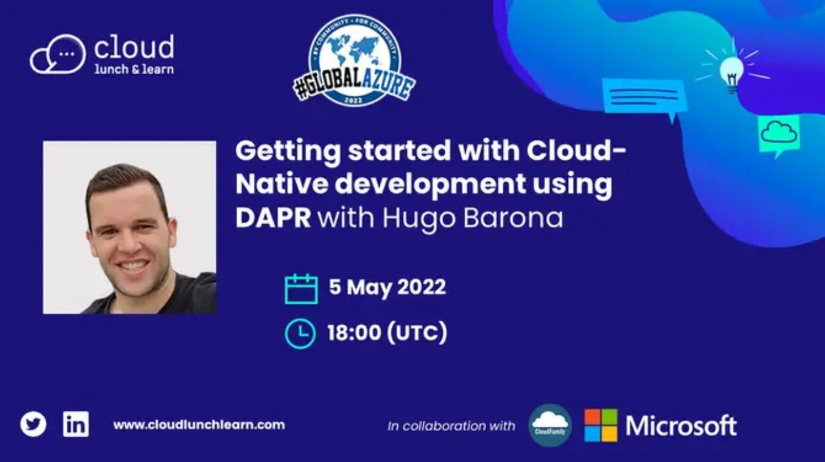 Getting started with #CloudNative development using #DAPR. Thursday, May 5, 2022 07:00 PM (GMT+1) msft.it/6012wFmog #MSDevIRL #Microsoft #Azure #Developers