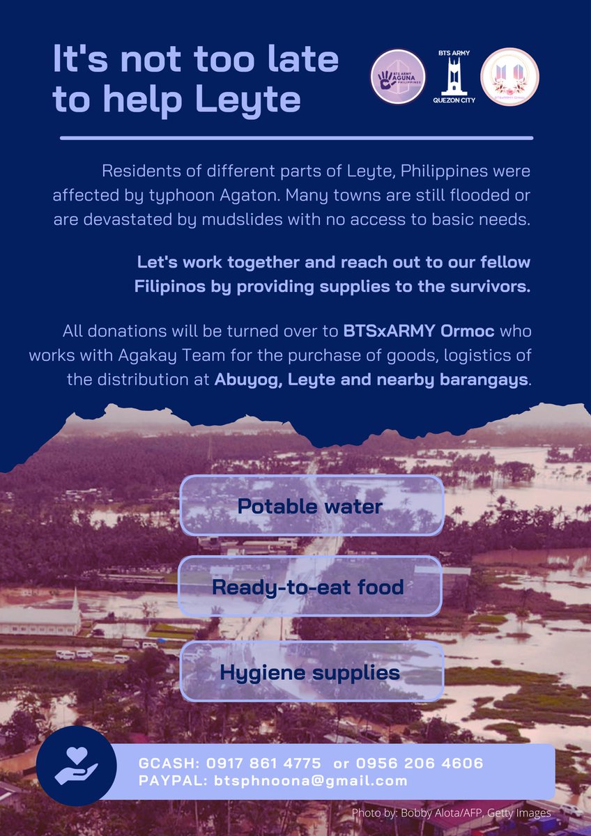 BTSARMY_QCPH's tweet photo. โผ๏ธCALL FOR DONATIONS, ARMYโผ๏ธ
Weโre all know the situation in Leyte after the typhoon. Aside from Baybay, the coastal municipality of Abuyog was also wiped out by storm surges & mudslides ๐
ANY DONATION AMOUNT IS APPRECIATED. You heart to help & generosity is what counts ๐ฅฐ+ https://t.co/JrVCQ7tL1y