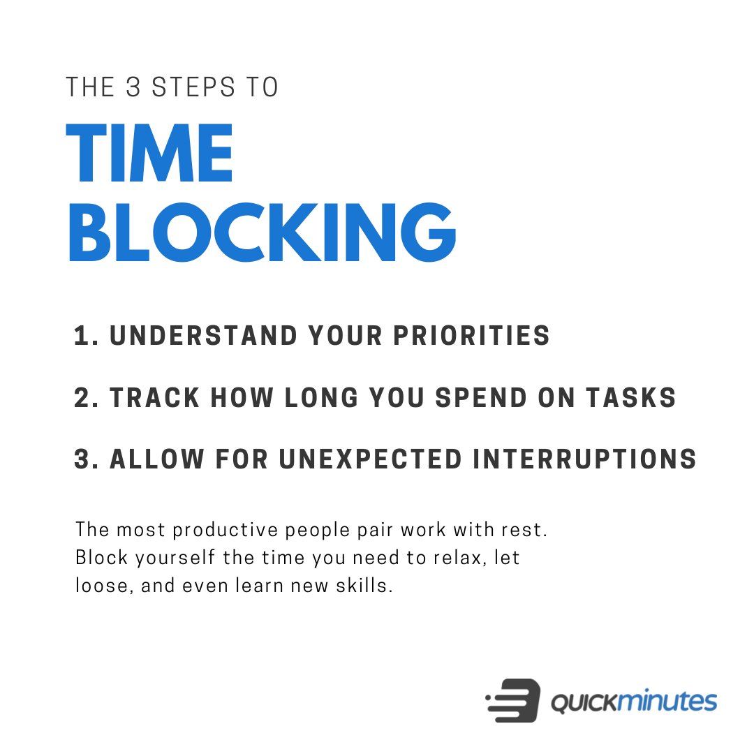 quick_minutes's tweet image. Time blocking is one of the best ways to protect your time. It&apos;s simpler to say &quot;no&quot; when you&apos;ve blocked out time. After all, if you say “yes” to every request that comes your way, you won’t get much done effectively ⏰ ❌

Not sure where to start? Follow the three steps below!