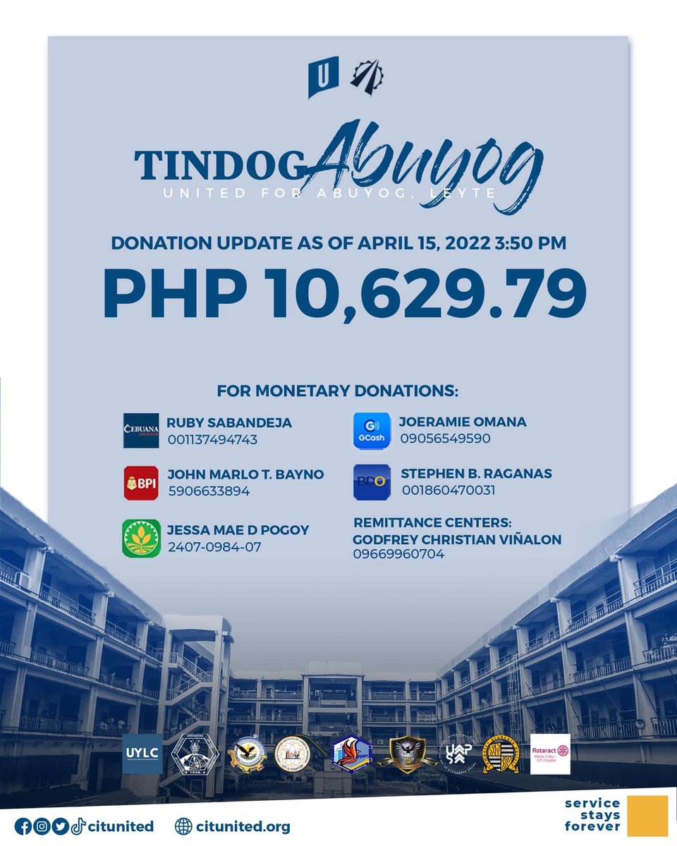 citunited's tweet photo. #TransparencyUpdates | PROCEEDS ACCUMULATED FOR #TindogAbuyog

As of 3:50 PM of April 15, 2022, the donation drive spearheaded by UNITED, together with ABANTE for Technologians and nine partner organizations, has accumulated an amount of PHP 10,629.79. https://t.co/IAjGEFJag7