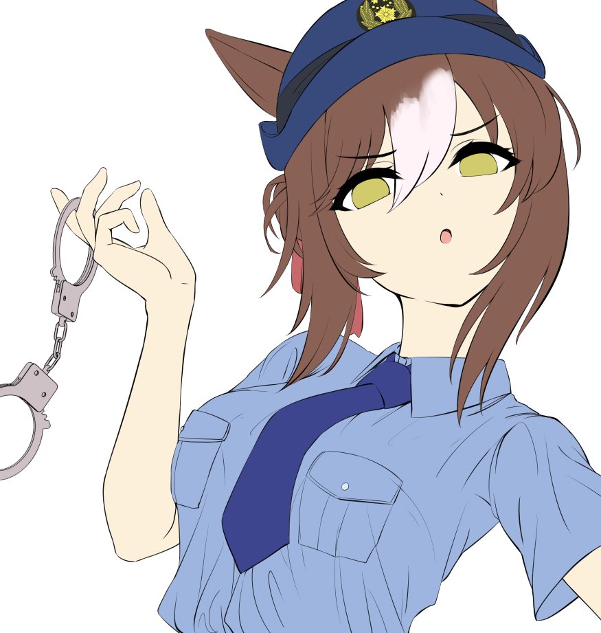 fine motion (umamusume) 1girl animal ears cuffs solo brown hair police police uniform  illustration images