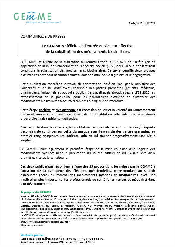 COMMUNIQUE DE PRESSE / 
Le GEMME  se félicite de l'entrée en vigueur effective de la substitution des médicaments biosimilaires