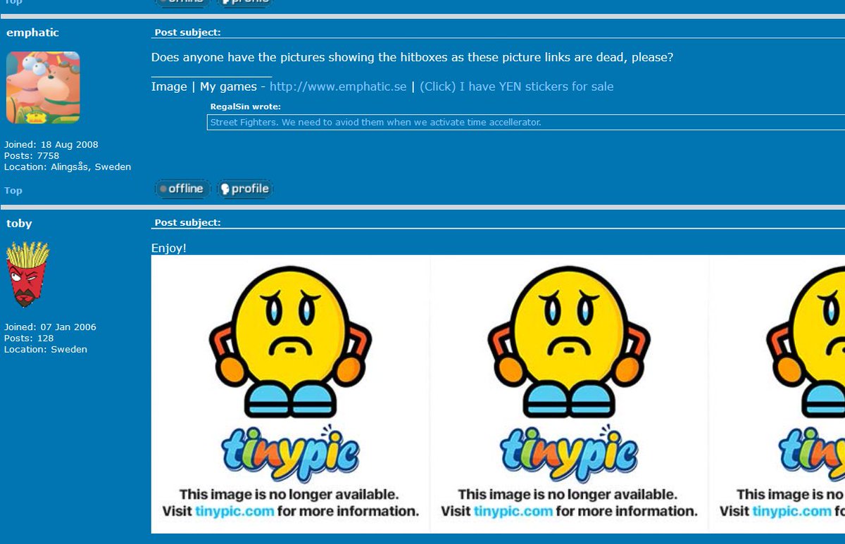 Post reading "Does anyone have the pictures showing the hitboxes as these picture links are dead, please?"

Followed by a bunch of broken tinypic images