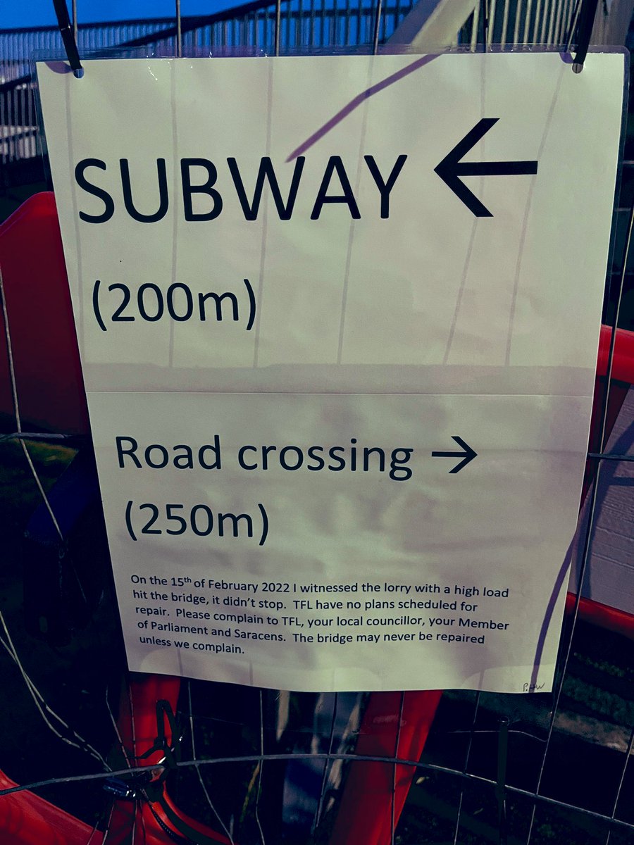 <a href="/TfL/">TfL</a> <a href="/HighwaysSEAST/">National Highways: South-East</a> <a href="/Offord4Hendon/">Matthew Offord</a> <a href="/BarnetCouncil/">Barnet Council</a> When is the (only) bridge over the A1 Great North Way going to be fixed? It’s been out of action for weeks and is the only safe route for schoolchildren, users of <a href="/Saracens/">Saracens Rugby Club</a>, students at <a href="/MiddlesexUni/">Middlesex University</a> and the community.