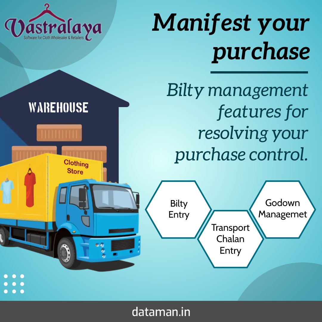 vastralayapos's tweet image. Get rid of Manual Transport Chalan &amp;amp; Godown Management.
Try Vastralaya ERP to automate your Bilty, Godown &amp;amp; Transport Chalan Management.
For Demo Contact us at 9167988268 or Visit : 
cloth-software.dataman.in
.
#clothsoftware #garmentsoftware #inventorymanagement #gstbilling