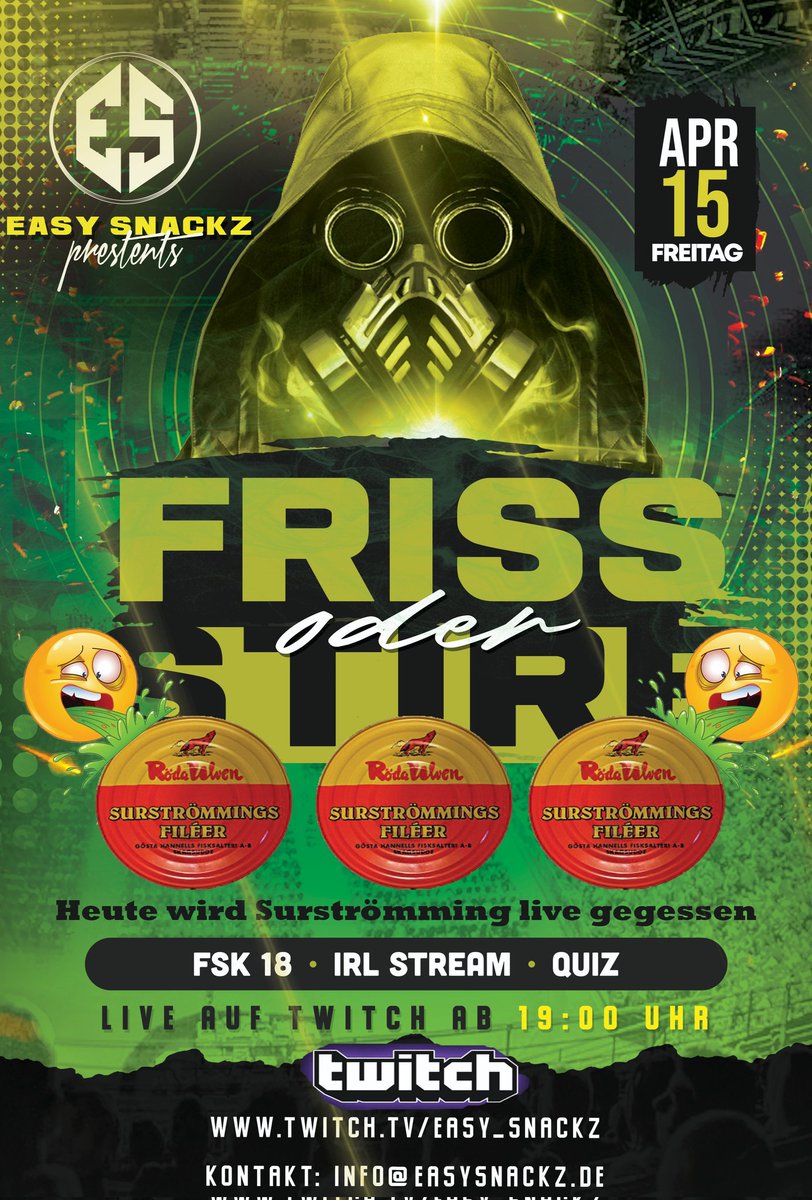Heute Abend 19:00 Uhr live 
twitch.tv/easy_snackz

#surströmming #irlstream #twitch #live #kotzen #fun #fisch #karfreitag #feiertag #Ferrero #support #retweet #easysnackz #MontanaBlack #twitch.tv