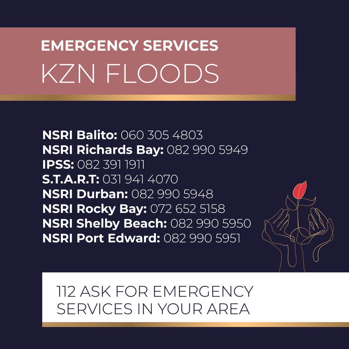 Kindness is everything, here are a few helplines to assist those affected by the #KZNFlood 

Please share them with anyone in need.🙏🇿🇦 

#DurbanFloods
