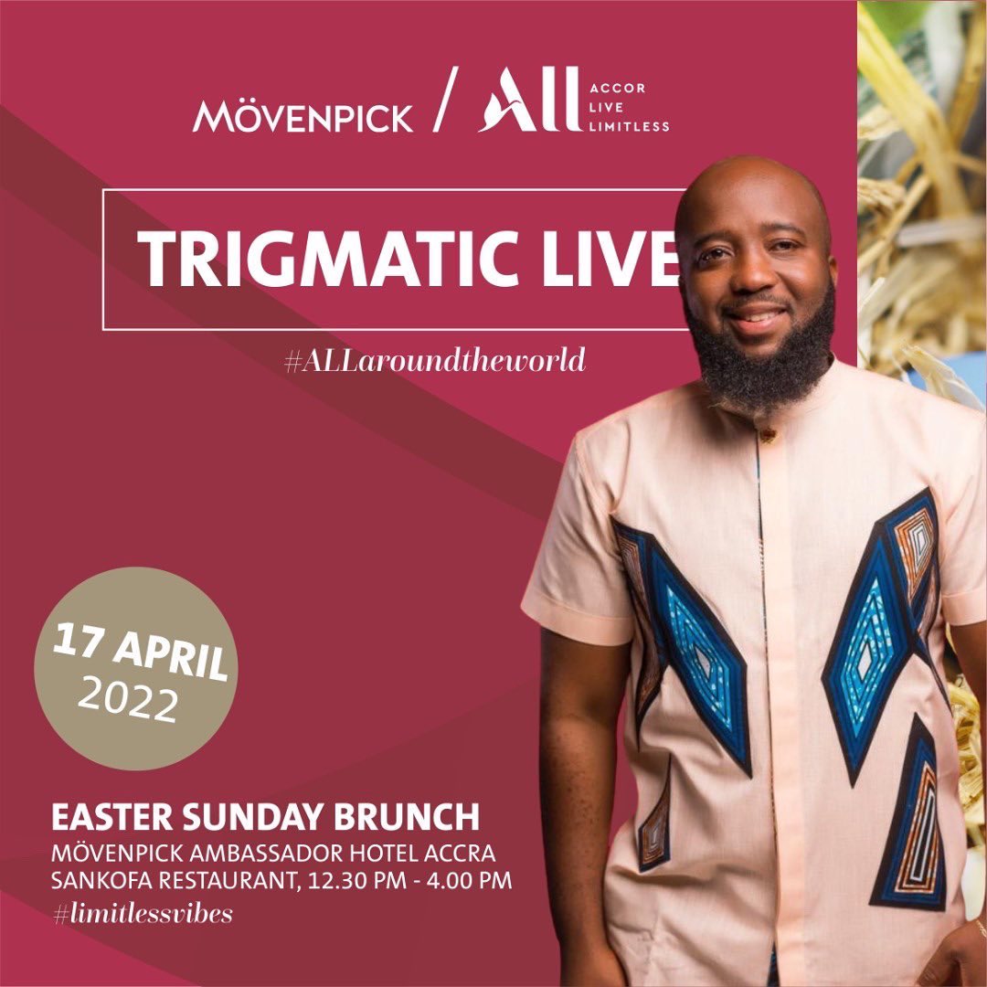 trigmaticrocks's tweet photo. Easter Easter Easter 
It’s the Easter Sunday Brunch at the @movenpick_accra with ur boy between 12:30pm and 4pm ! Swipe left and book now !!! Good music, good food and good people.E go be!!! 

I’m thinking of hosting a FAN ooo. Who wants to come ? Just one fan . 
#limitlessvibes https://t.co/qu2reIM9qt