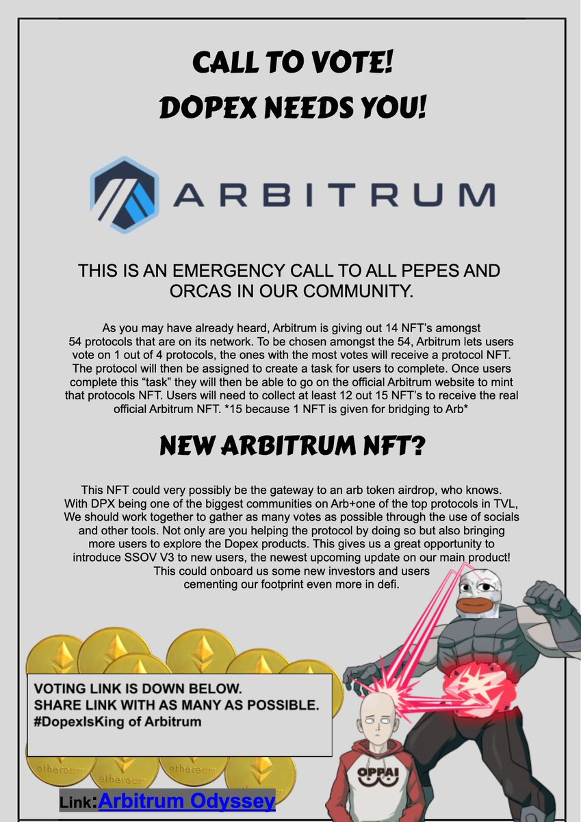 🚨We need YOU to vote for #Dopex now!🚨

We’re currently nr 2 and not looking to win at this rate..

💪🏻 We HAVE to put up a fight and need your help!

💡 How?
1️⃣. Go to snapshot.org/#/arbitrum-ody…
2️⃣. Use a wallet that interacted with <a href="/arbitrum/">Arbitrum</a> before and vote with all your wallets!