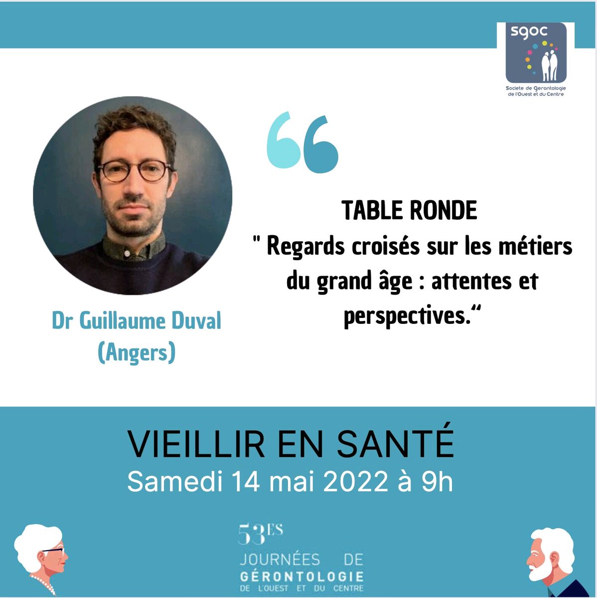 🗓️ Samedi 14 mai – 9h : à l’occasion des 53èmes Journées de la #SGOC, sur le thème “VIEILLIR EN SANTÉ“, le Dr Guillaume Duval animera la table ronde “Regards croisés sur les métiers du grand âge : attentes et perspectives“, un temps fort de ce congrès. 👀🧑‍⚕️🧓📈