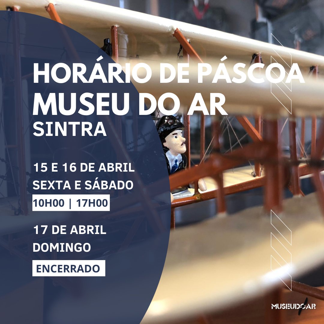 museudoar's tweet photo. 📣 Atenção Sintra! 

Venha celebrar a Páscoa com o Museu do Ar! 

Estamos à sua espera esta sexta e sábado das 10h às 17h. 

Domingo de Páscoa estamos encerrados. 

Até já ✈️ https://t.co/b4YhdKKTFV