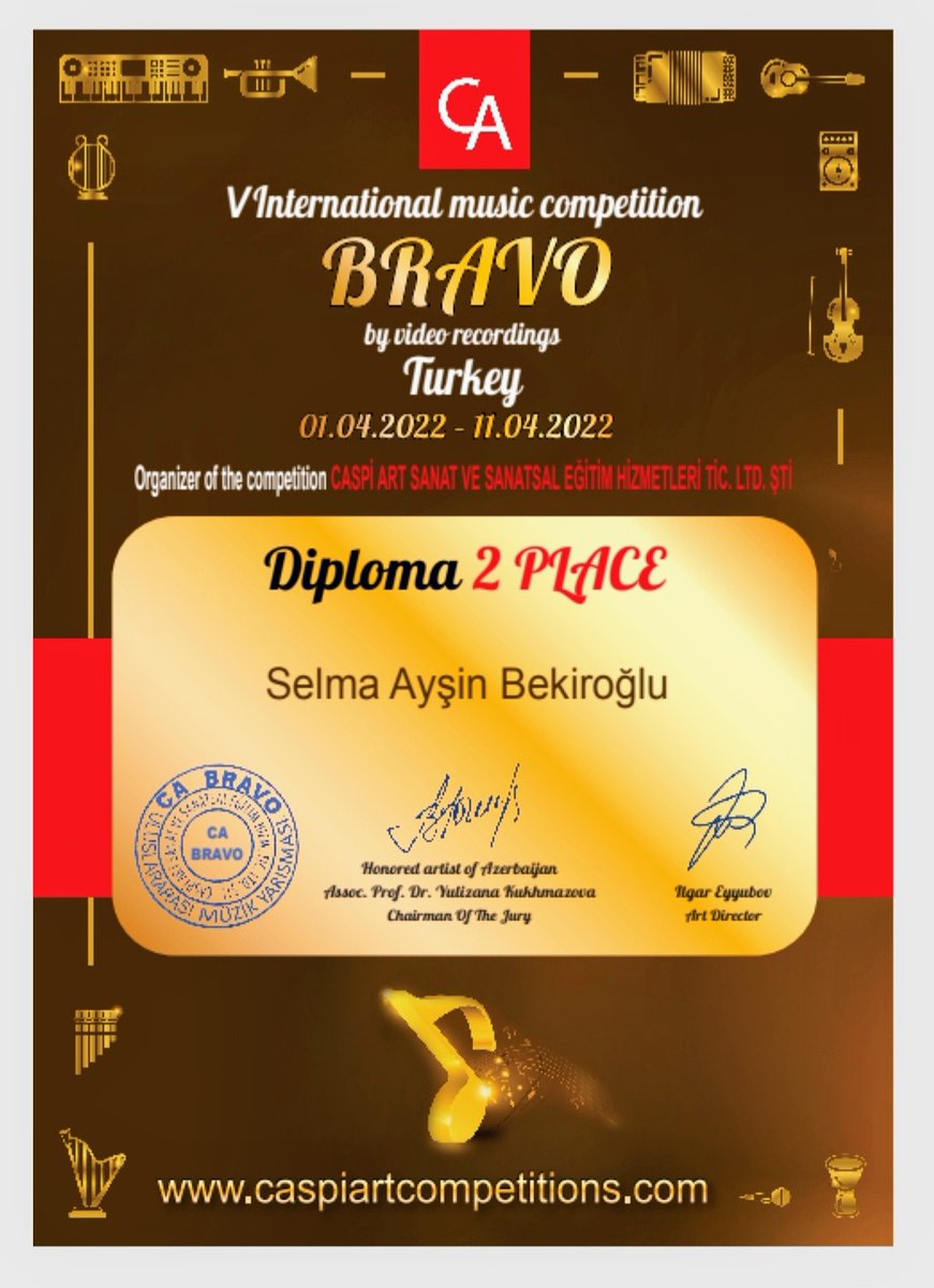 ✨✨✨ Dünyanın farklı ülkelerinden birçok sanatçının katıldığı,“V'International Music Competition BRAVO' müzik yarışmasında ülkemizi temsil eden 7. Sınıf öğrencimiz Selma Ayşin Bekiroğlu piyano alanında 2. olmuştur. Öğrencimizi tebrik eder, başarılarının devamını dileriz. ✨✨✨