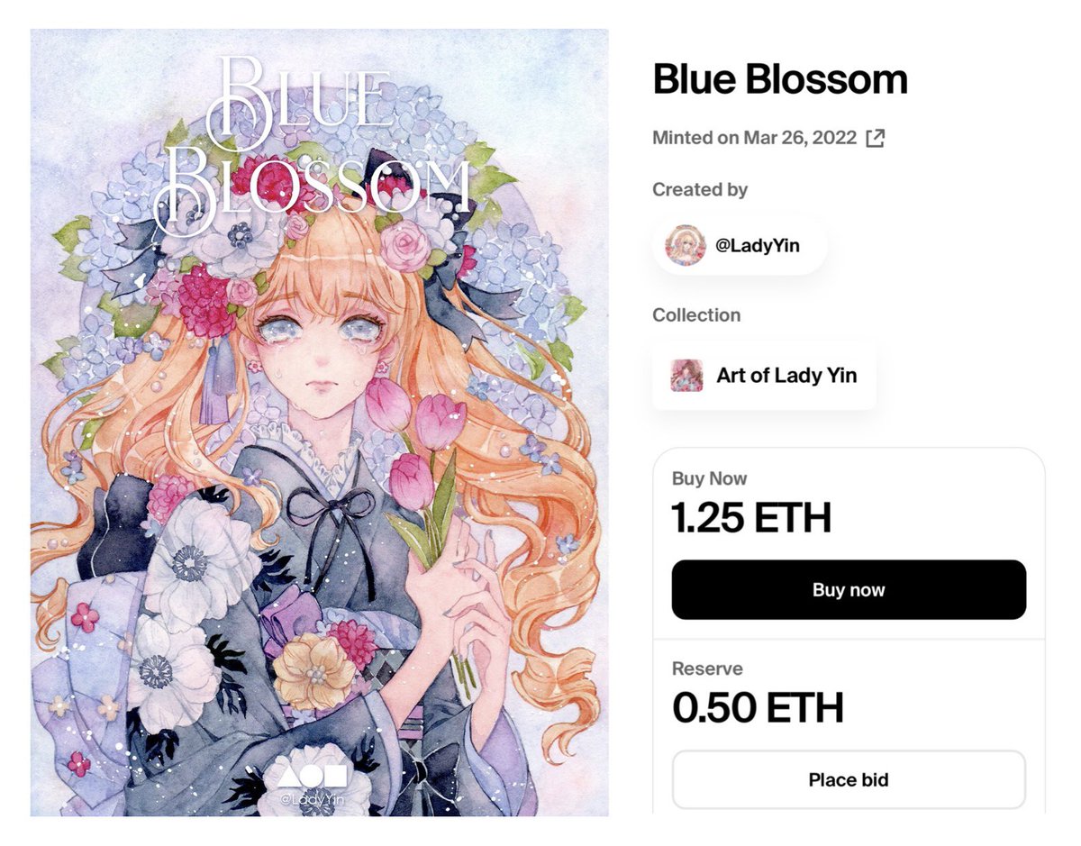 Ladyyin_Nft's tweet photo. ‘Blue Blossom’ reserve price has been changed to 0.5 Ξ ✨
The collector who buy or win this can request for the physical painting.

https://t.co/tzEH4kQpAU https://t.co/MVi5f8VIzO