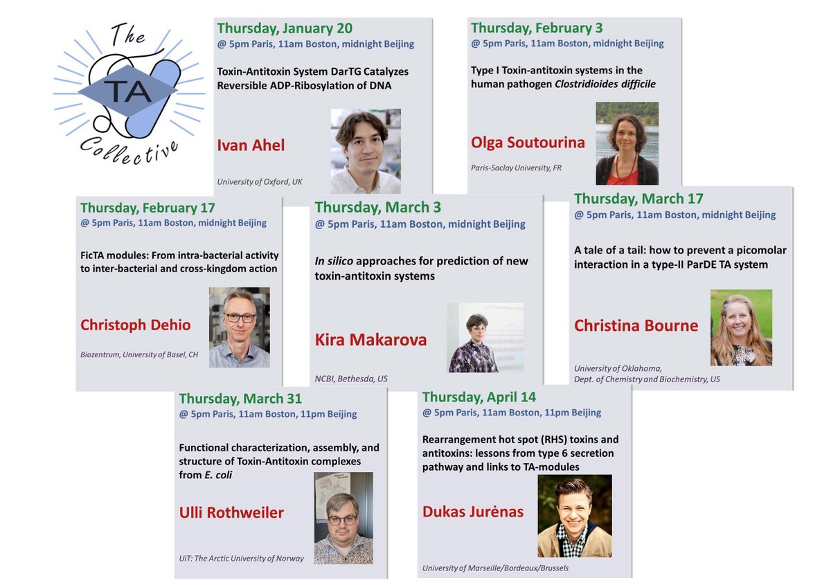 CollectiveTa's tweet photo. Hello!
We would like to thank all the speakers of series 3 for their great contribution!
Ivan Ahel @IvanAhelLab
Olga Soutourina @I2BCParisSaclay
Christoph Dehio @biozentrum
Kira Makarova @NIH
Christina Bourne @BourneLabOU
Ulli Rothweiler @ChemistryUiT1
Dukas Jurenas @DukasJu https://t.co/CEC60LdrSX