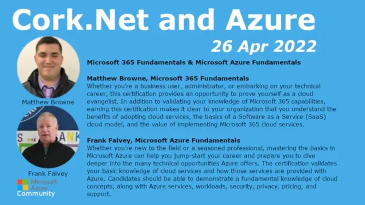 23rd #CDNA Meetup - #Microsoft 365 Fundamentals & Microsoft #Azure Fundamentals. Tuesday, April 26, 2022 06:00 PM (GMT+1) msft.it/6018wFmwu #MSDevIRL #Microsoft #Developers