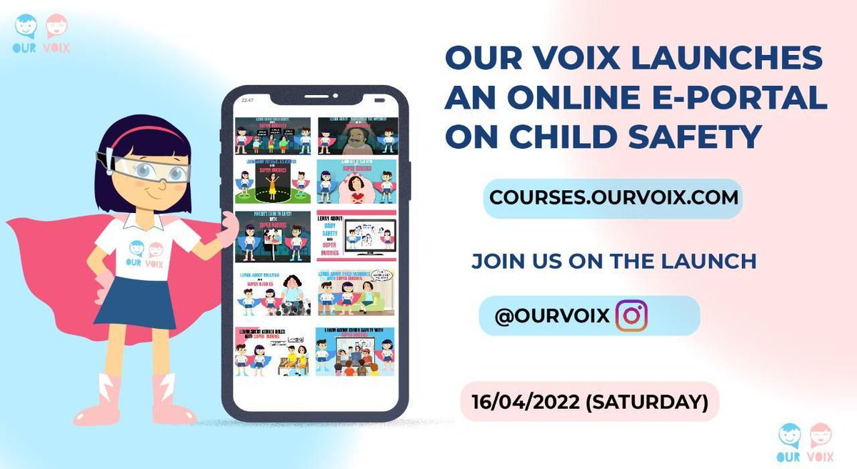 ourvoix's tweet photo. We are all set and excited to announce the launch of our E-Portal on Child Safety on 16th of April, 2022!

Stay tuned for more!

#ourvoix #safetyaclickaway #superbuddies #animatedmovies #speakout #spreadawareness #abuse  #sexualviolence #coercivecontrol #childabuseawareness https://t.co/ssNyugk7UX