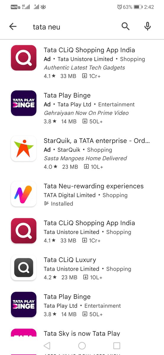 memanojpunde's tweet photo. Curious case of #Google UAC campaign and different products of the #Tata competing with each other for #TataNeu searches on the Playstore. 
@GoogleAds @Google https://t.co/hJbAZ9khaS