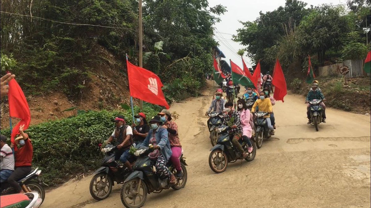 KYITHAR95368969's tweet photo. Marching with motorcycles and staged to support @NUGMyanmar , KIA &amp; PDFs and oppose the #MilitaryDictatorship by residents from #Hpakant Twp, #Kachin State on April 15.

#RevolutionaryThingyan 
#2022Apr15Coup
#WhatsHappeningInMyanmar https://t.co/Xjpuu4zMjC