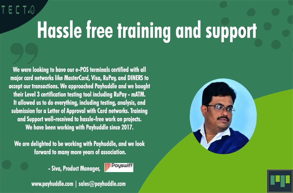 Payhuddle's tweet photo. Nothing would make us happier than knowing our customers are having a good user experience with the Tecto platform.
Thank you so much Siva
#Tecto #level3testingtool #EMVCo #Discover #Visa #Mastercard #RuPay #UnionPay #Amex #terminaltesting #terminalcertification #l3testing https://t.co/WdfXQwT3P7