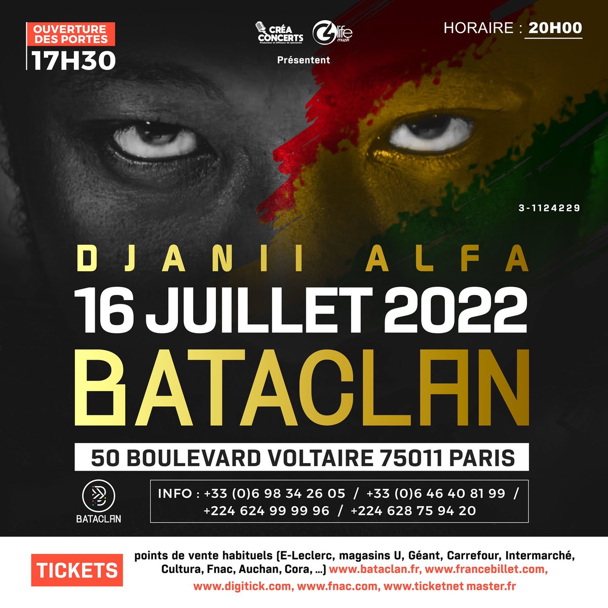 Tickets : bit.ly/3uFV7Se ou sur n’importe quel site de billetterie légale.
Vous pouvez aussi acheter vos billets physiquement dans n’importe quel magasin qui vend des billets de spectacles: FNAC, CARREFOUR, GEANT CASINO, LECLERC, SUPER ou HYPER U, etc…♥️🇬🇳♥️