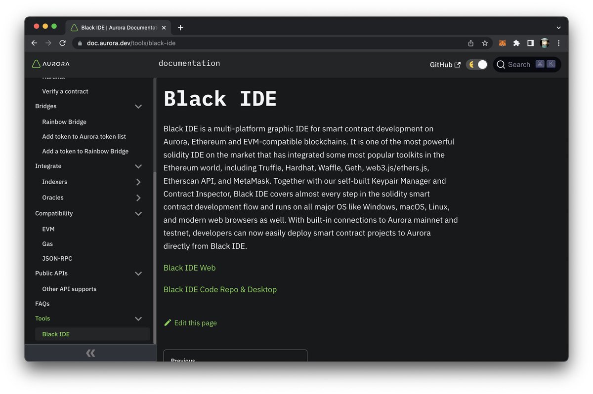 👏#BlackIDE is proud to be listed on #Aurora official docs! 

👉Try out at eth.ide.black for a brand-new cross-chain dev experience on #Auroraisnear #AuroraNEAR 🙌🌟🌈