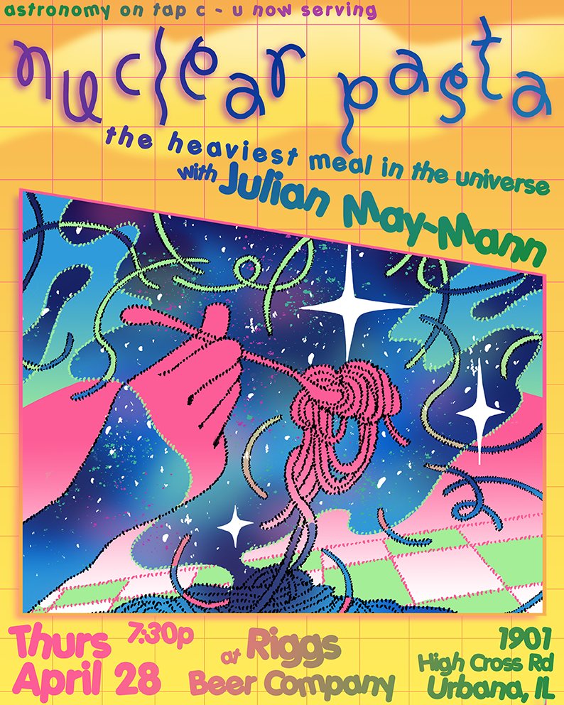 Join us at 7:30pm Thursday, 4/28 for this month's Astronomy on Tap at Riggs Beer Company! Physics graduate student Julian May-Mann will talk about "nuclear pasta," a theoretical phase of matter potentially existing inside neutron stars. Poster design by local artist @ill0mati