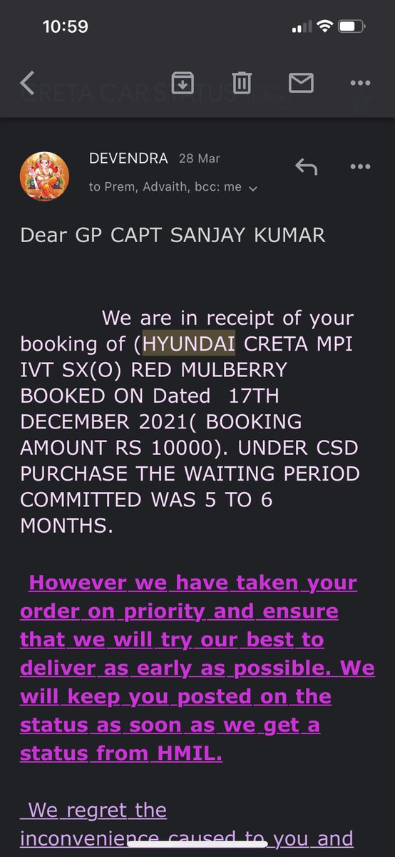 saka2701's tweet photo. @AdvaithHyundai I have booked Hyundai Creta on 17 Dec  .. I have no update about likely time of delivery … The response from your executive is suboptimal . https://t.co/wE8Y7EdGfd