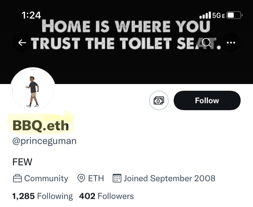 I own the domain bbq.eth. 

It is a unique 1/1 NFT  $ENS #ensdomains

This fake copycat account just popped up!🥴👎👎