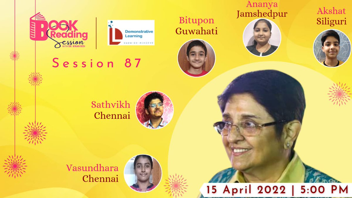 DemonstrativeLE's tweet photo. Join us for the 87th Book Reading Session with Dr Kiran Bedi today 15th April at 5 PM
Live on all our social media handles
@thekiranbedi
@SainaRBharucha
.
.
.
.
#KiranBedi #BookTwitter #bookreading #UnsungHeroes #AzadiKaAmritMahotsav #inspiring #motivation #megaicon https://t.co/XljVuwM6TR