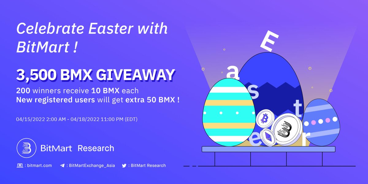 BitMart Research|$BMX HODLer (@bitmartresearch) on Twitter photo 🐣Celebrate #Easter with #BitMart! 𝟑,𝟓𝟎𝟎 $BMX to #Giveaway
1⃣Follow <a href="/BitMartResearch/">BitMart Research|$BMX HODLer</a>
2⃣Join t.me/BitMartExchang…
3⃣RT & Tag 3 frds
4⃣Fill out: ibit.ly/DiwN
🥳2000 $BMX/200 winners
New registered users will get extra 50 $BMX
Register 🔜 ibit.ly/8gKz 🐣Celebrate #Easter with #BitMart! 𝟑,𝟓𝟎𝟎 $BMX to #Giveaway
1⃣Follow <a href="/BitMartResearch/">BitMart Research|$BMX HODLer</a>
2⃣Join t.me/BitMartExchang…
3⃣RT & Tag 3 frds
4⃣Fill out: ibit.ly/DiwN
🥳2000 $BMX/200 winners
New registered users will get extra 50 $BMX
Register 🔜 ibit.ly/8gKz