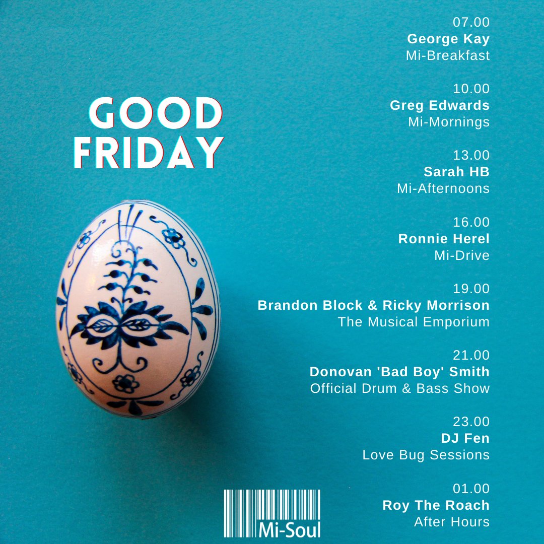 misoulradio's tweet photo. Happy Easter, Mi-Soul family ๐
@georgekay
@gregedwards
@djshb
@ronnieherel
@Brandonblock & @DJRickyMorrison
@deepsoulfuldnb
@djfen1
#RoyTheRoach
Here's what your day looks like with us... https://t.co/EiLx8ZhrEz