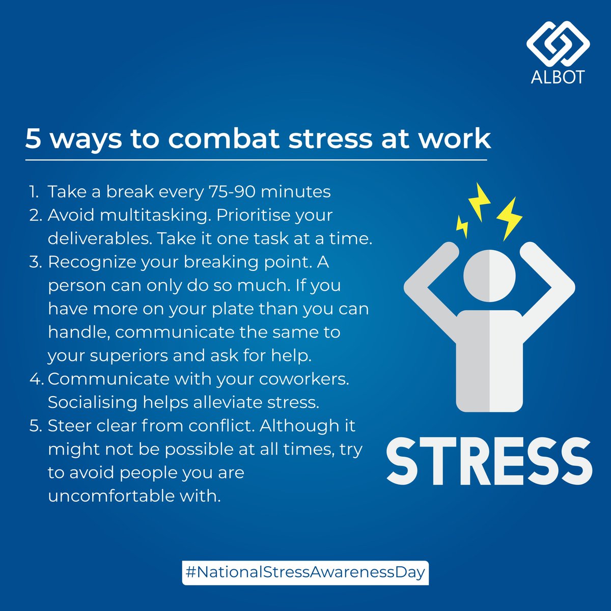 #Workplacestress is one of the leading causes of health complications. This ‘#StressAwarenessDay’ prioritise yourself and your #mentalhealth. You are worthy of a #workplace that keeps you motivated and happy. 

#stressrelief #stressmanagement  #destressing #AlbotTechnologies